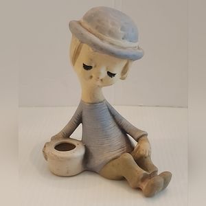 Norleans Young Girl Sitting Japanese Figurine in Blue Dress & Hat Holding Pot